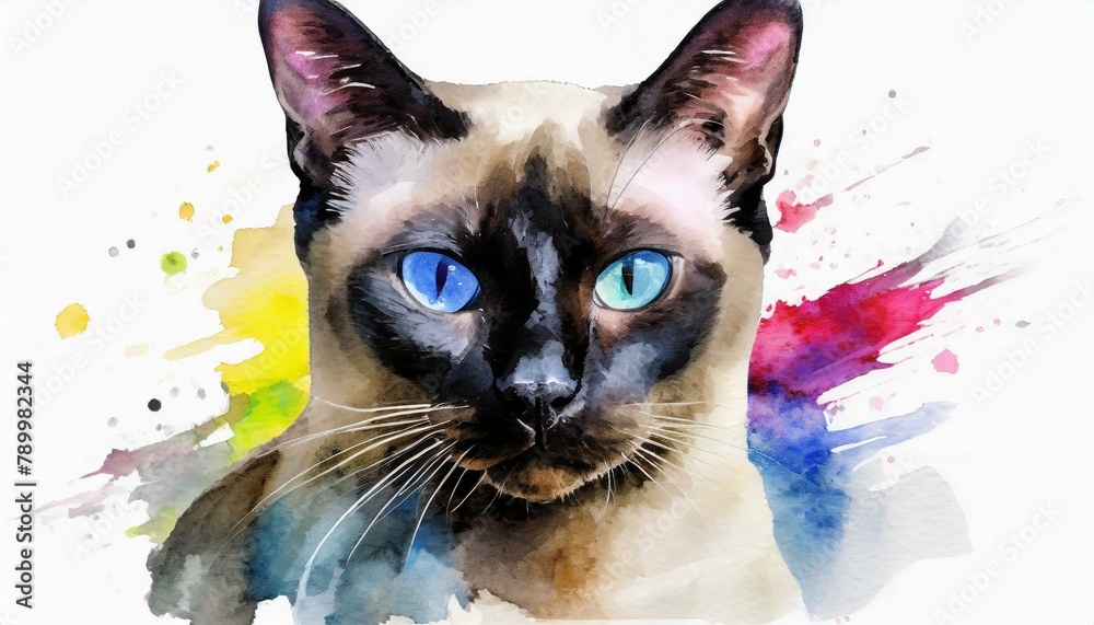 Wall mural Siamese cat portrait with colorful and watercolor painting