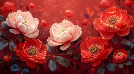 An oriental flower background modern with elegant peony flowers and leaves. This is a floral pattern design illustration that can be used for decoration, wallpaper, posters, banners, or cards.