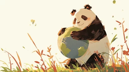 Foto op Canvas A hand drawn panda lovingly embraces the earth on a crisp white backdrop set against a solitary scene © AkuAku