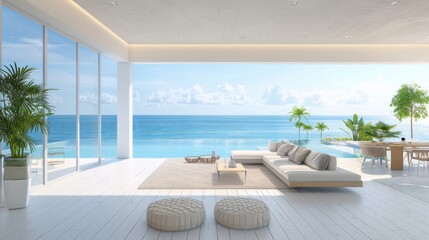 A large open living room with a view of the ocean. The room is filled with white furniture and plants - obrazy, fototapety, plakaty