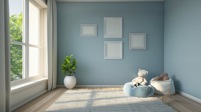 A room with a blue wall and a white window. A teddy bear is sitting on a blue pillow