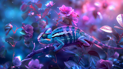 A chameleon with neon colors perched on the edge of an abstract. glowing purple and blue floral bush  - obrazy, fototapety, plakaty