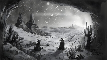 A charming charcoal drawing of the astute wizard and his imp buddy. nestled in a cave overlooking an eternal desert sprinkled with meteor showers - obrazy, fototapety, plakaty