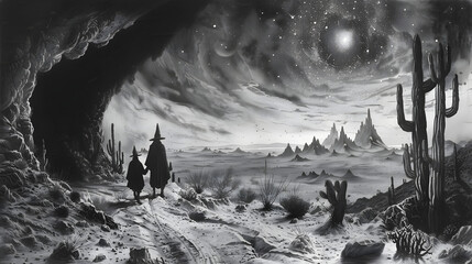 A charming charcoal drawing of the astute wizard and his imp buddy. nestled in a cave overlooking an eternal desert sprinkled with meteor showers