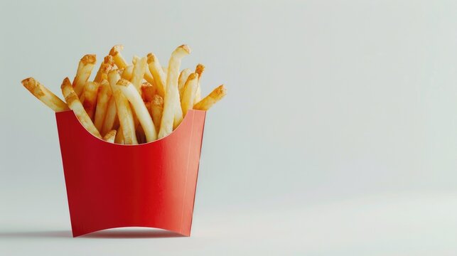 French fries contained in a red box and set against a white backdrop