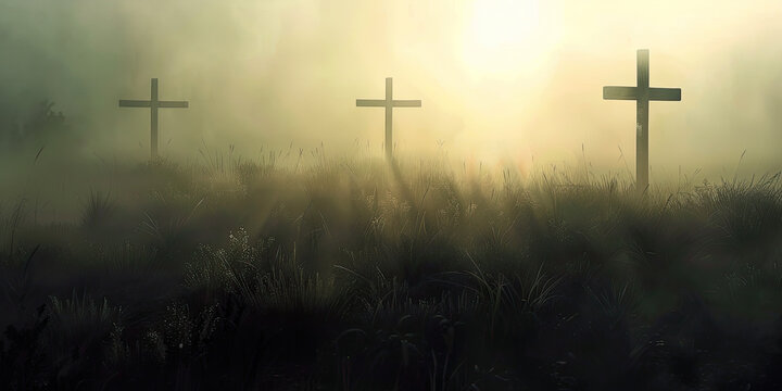 Three crosses in the pale sunlight