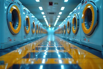 A row of front-loading washing machines lines the interior of a clean and modern urban laundromat.