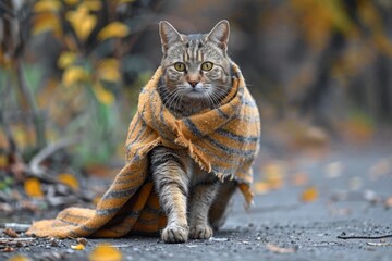 An artistically rendered anthropomorphic cat dressed as a homeless tramp with a hat and scarf walks along an urban backdrop. - obrazy, fototapety, plakaty