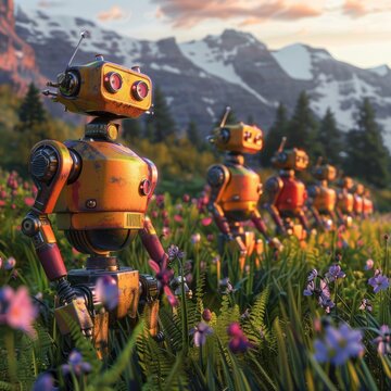 Downsizing images, Robots are standing in a line, robots are seen in small and big sizes and this image shows downsizing, spring background