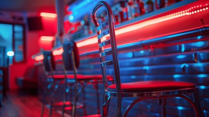 A leather bar stool with button detailing stands out against the blurred background of a stylish contemporary bar setting.