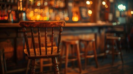 An old wooden bar stool stands solo by a counter in a warmly lit, traditional pub, inviting patrons to take a seat. - obrazy, fototapety, plakaty