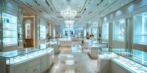 Marble floors and sophisticated glass display cases line the illuminated interior of a high-end jewelry store.