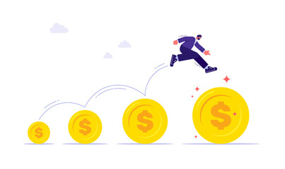Raise salary increase, wages or income growth concept, investment profit and earning rising up, career development or wealth management, businessman jumping on bigger money coin
