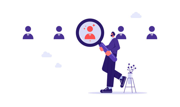 Human resources or finding suitable candidates concept, head hunt, choosing talent for job, man employer boss or HR manager standing using magnifying glass to choose job interview people