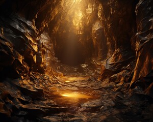 Cave filled with gold, magical glow, eye-level shot, hyper realistic, low noise, low texture, - obrazy, fototapety, plakaty