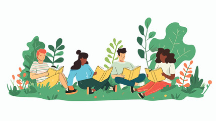 Young women and men reading books in the park. Vector