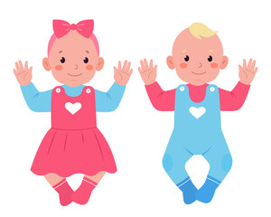 Cute baby girl in pink dress with bow on her head and baby boy in blue clothes. Vector cartoon illustration isolated on white background
