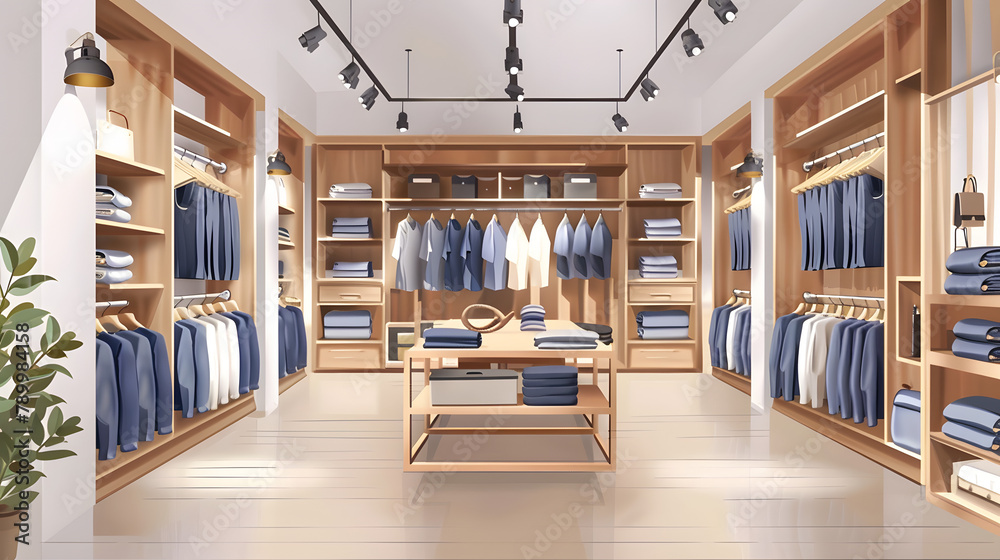 Wall mural Modern fashionable interior of clothing store. Casual clothing, denim, jeans store with racks and shelves