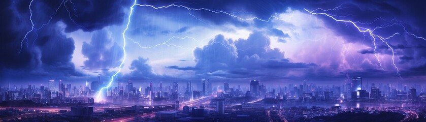 Fototapeta premium Lightning-filled sky over a bosozoku meet-up, panoramic, electric blues against neon city glow, dynamic, 