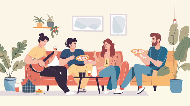 Young women men sitting on sofa and eating pizza in t