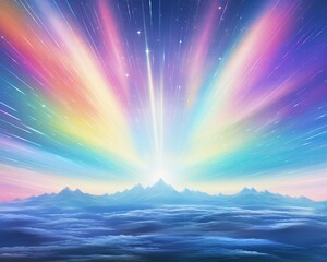 Rainbow aurora in consciousness realm, wide angle, surreal landscape, twilight, ethereal beams,  - obrazy, fototapety, plakaty