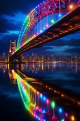 Fototapeta na wymiar Rainbow bridge in seapunk city, ultra-wide angle, saturated colors, night, reflective water surface, 
