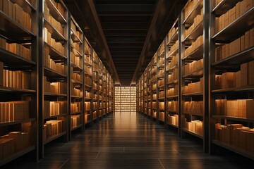 Fototapeta premium Vast archive with endless shelves, dim light, wide-angle, 