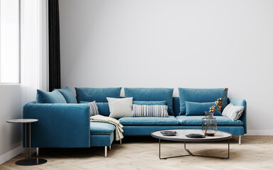 Hipster style interior background, living room with blue sofa, 3D render