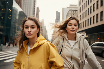 two young women walking down sidewalk