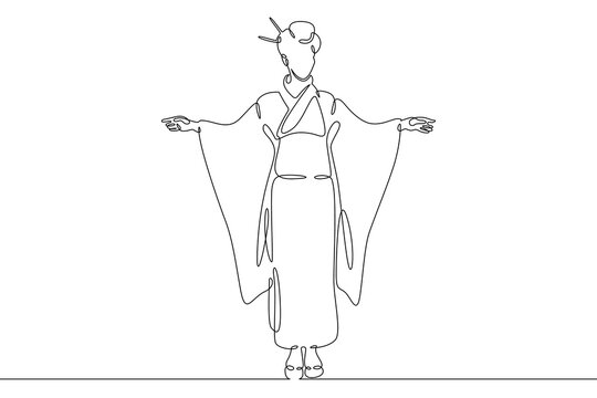 recommend clip art: One continuous line.Japanese woman in traditional street costume. National dress of Japan.Continuous line drawing.Line Art isolated white background.