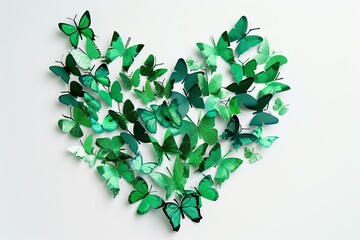Love And Heart Shape Of Luxury Green Paper Butterflies Scattered With Light Isolated On White Background 