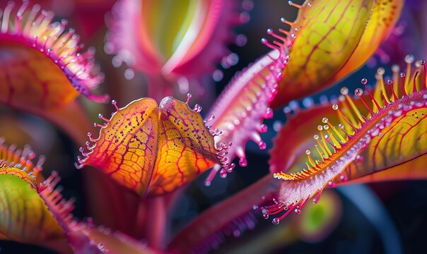 Capture the intricate details of rare carnivorous plants in a vivid watercolor medium Show their exotic colors and unique structures up close for a mesmerizing effect