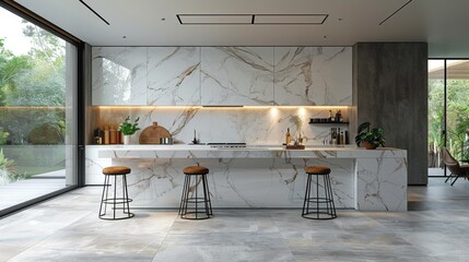 A kitchen with a marble countertop and a marble backsplash. There are three stools in the kitchen, and a potted plant is on the counter