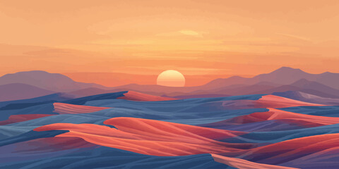 Desert landscape with rolling dunes, framed by the warm hues of sunset. Vector illustration.