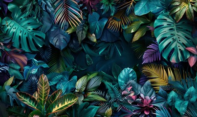 Capture the intricate details of exotic foliage at eye-level in a vibrant watercolor medium, highlighting intricate textures and lush colors
