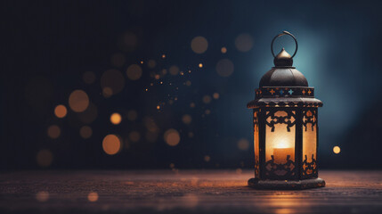 islamic lantern with burning lamp glowing at night.