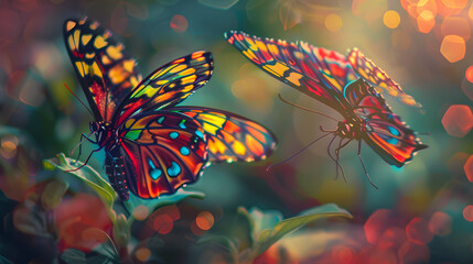 A closeup of a pair of butterflies fluttering together. their delicate movements and colorful wings illuminated by the dawn light. 