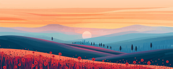 Rolling hills at sunset with fields and tiny trees. Vector flat minimalistic isolated illustration. - obrazy, fototapety, plakaty