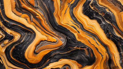 A closeup of an abstract sandstone pattern. with swirling colors in shades of orange and black. The background is pale
