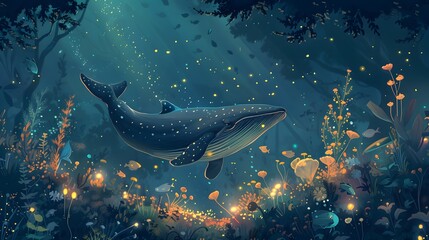 A gentle illustration of a miniature whale swimming through a magical underwater garden surrounded by luminescent plants and tiny sea creatures