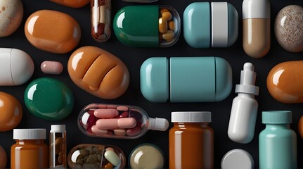 Various capsules and pills with dietary supplements or medicines in hexagonal jars.generative.ai 