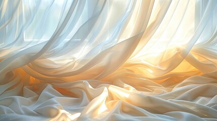 A flowing curtain of sheer fabric illuminated by soft sunlight - obrazy, fototapety, plakaty
