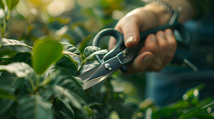 A closeup shot of a gardeners shears during a pruning session. emphasizing their effectiveness and control in gardening conditions.