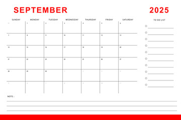 September 2025 calendar. Monthly planner template. Sunday start. Vector design - obrazy, fototapety, plakaty