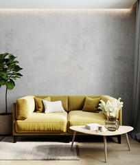 living room interior with yellow sofa, living room interior mock up, scandinavian style, 3d...