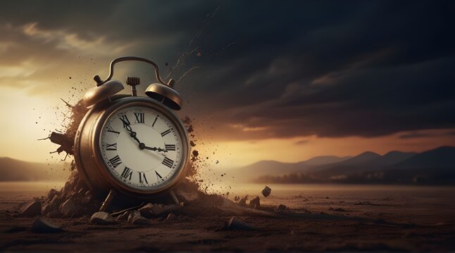Alarm clock with book, colorful glowing smoke explosion, fantasy background.generative.ai 