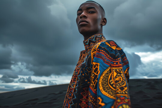 A black male model wearing fashion clothing with unique patterns on black sand dunes under a cloudy sky