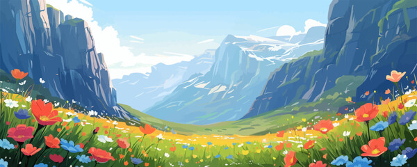 A beautiful landscape with mountains in the background and a field of flowers
