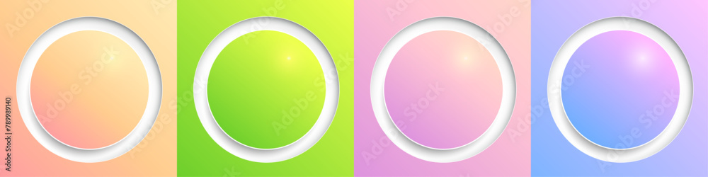 Poster Shiny web buttons set, rainbow colors circle 3d icons illustration.