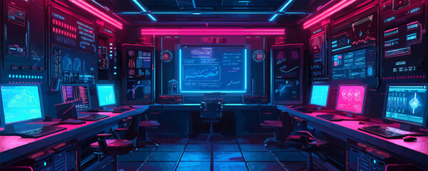 A computer room with neon lights and a large monitor - obrazy, fototapety, plakaty